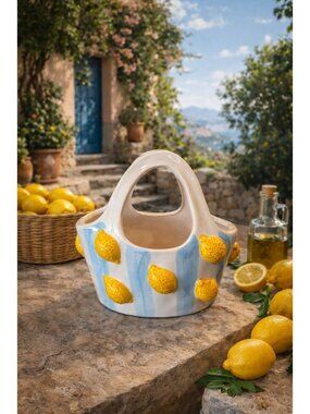 New Blue / Yellow Lemon Motifs Basket Bag Ceramic Flower Vase Room Decor